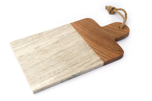 Serving Board - White Marble and Wood - 14 by 8