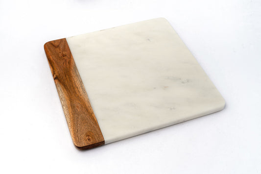 Serving Board - White Marble and Wood - 12 x 12