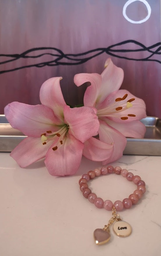 Jewellery - "Love" Rose Quartz Charm Bracelet with Sunstone Semi Precious Beads