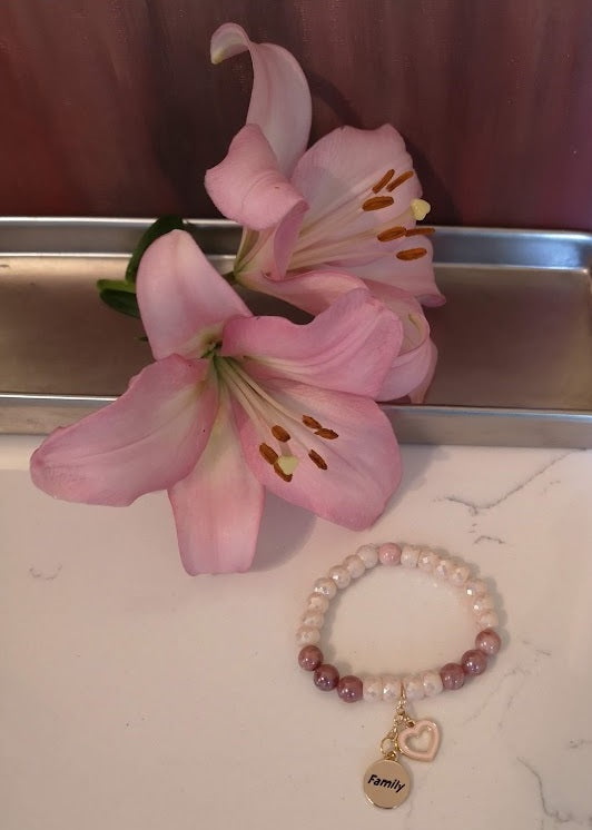 Jewellery - "Family" Charm Bracelet with Champagne Silverite  Glass Beads & Sunstone Semi Precious Beads