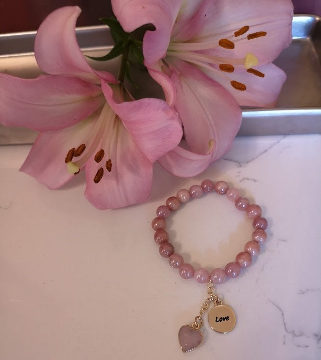 Jewellery - "Love" Rose Quartz Charm Bracelet with Sunstone Semi Precious Beads