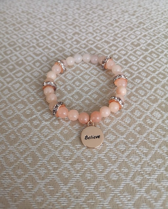 Jewellery - "Believe" Charm Bracelet with Opal Coral/Pink Semi Precious Beads