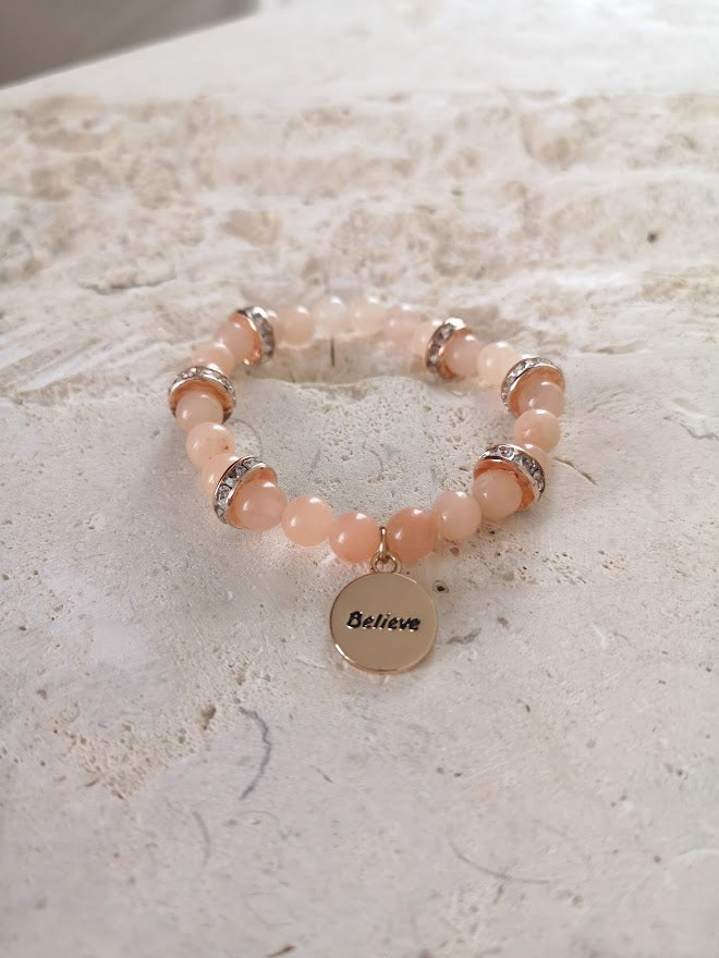 Jewellery - "Believe" Charm Bracelet with Opal Coral/Pink Semi Precious Beads