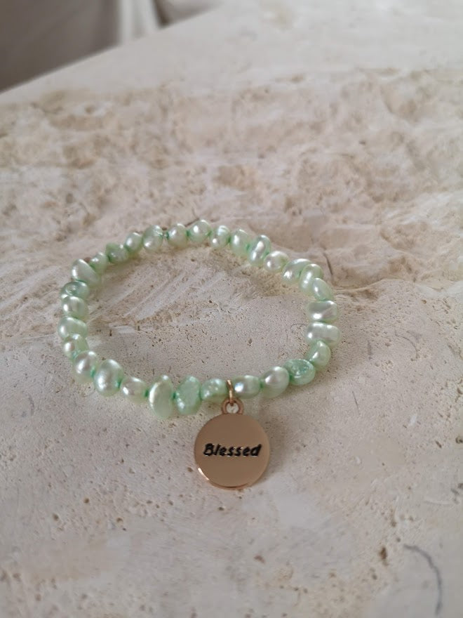 Jewellery - "Blessed" Charm Bracelet with Mother of Pearl Mint Beads