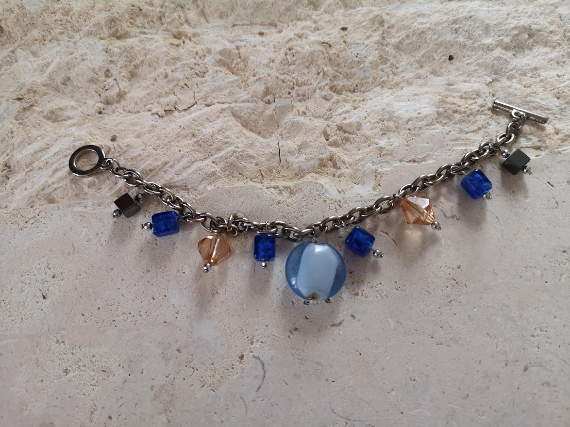 Jewellery - Blue & Brown Glass Bead Chain Bracelet