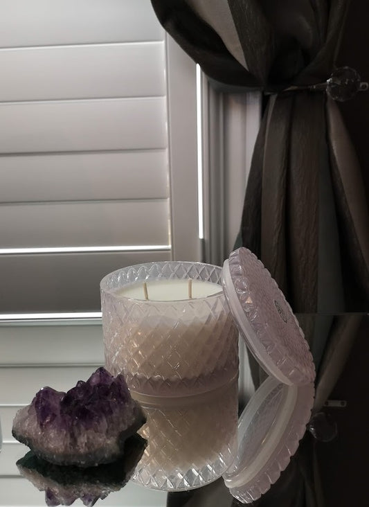 Candle - Double Wick in Lavender Colour, Molded Glass Vessel Jar with Matching Lid 10 Oz