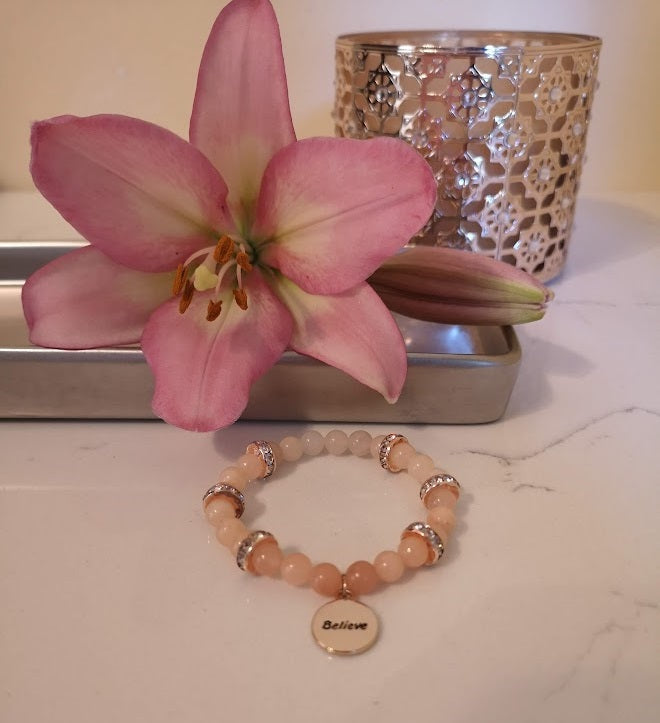 Jewellery - "Believe" Charm Bracelet with Opal Coral/Pink Semi Precious Beads