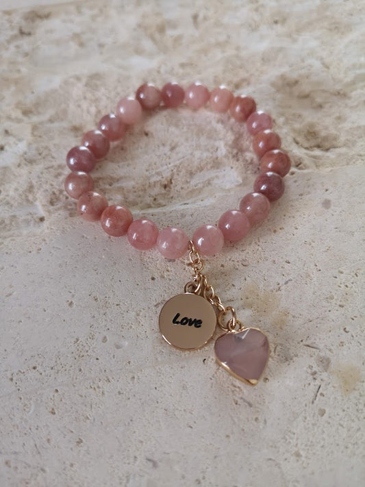 Jewellery - "Love" Rose Quartz Charm Bracelet with Sunstone Semi Precious Beads