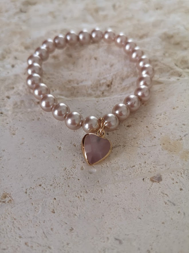 Jewellery - Pearl Bracelet with Rose Quartz Heart