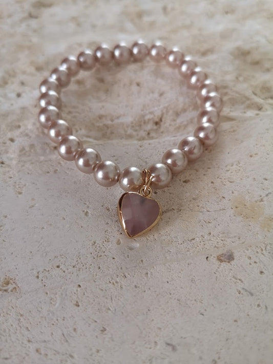 Jewellery - Pearl Bracelet with Rose Quartz Heart