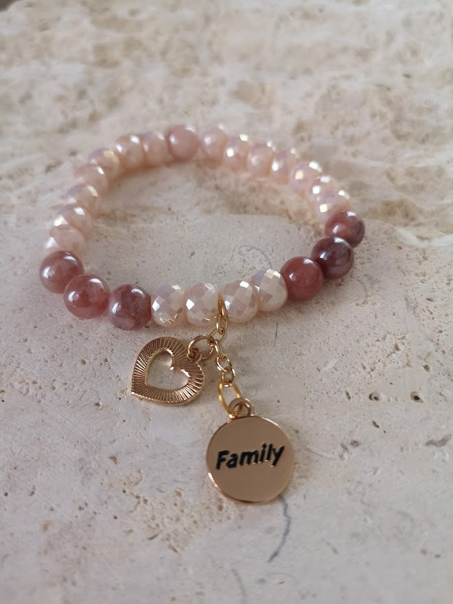 Jewellery - "Family" Charm Bracelet with Champagne Silverite  Glass Beads & Sunstone Semi Precious Beads