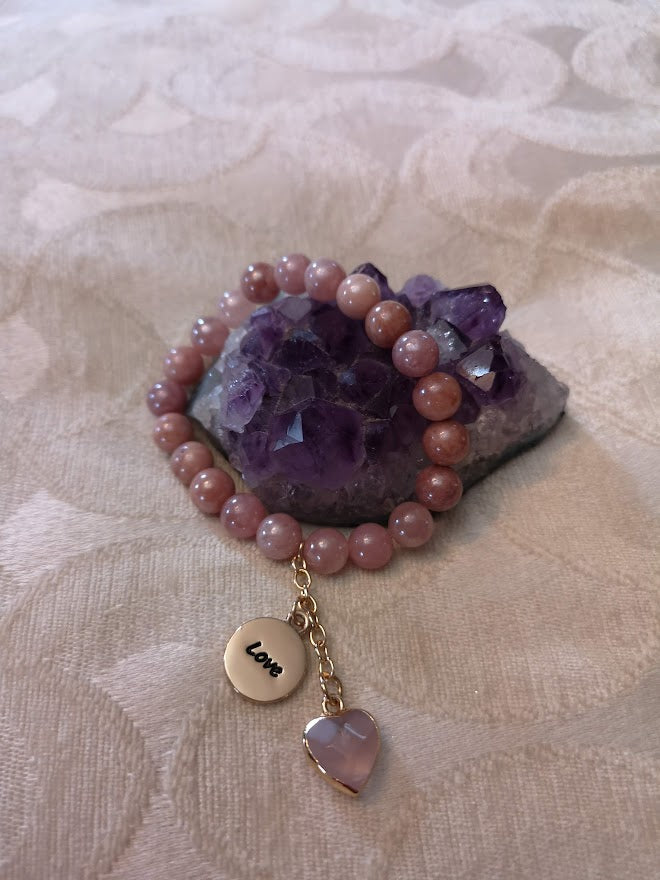 Jewellery - "Love" Rose Quartz Charm Bracelet with Sunstone Semi Precious Beads