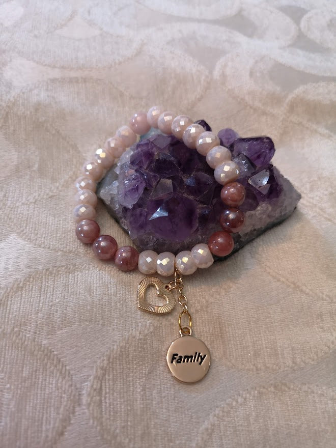 Jewellery - "Family" Charm Bracelet with Champagne Silverite  Glass Beads & Sunstone Semi Precious Beads